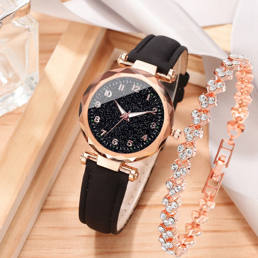 

2PCS/Set Fashion Square Women Watches Casual Leather Strap Quartz Watch Rhinestone Bracelet Set