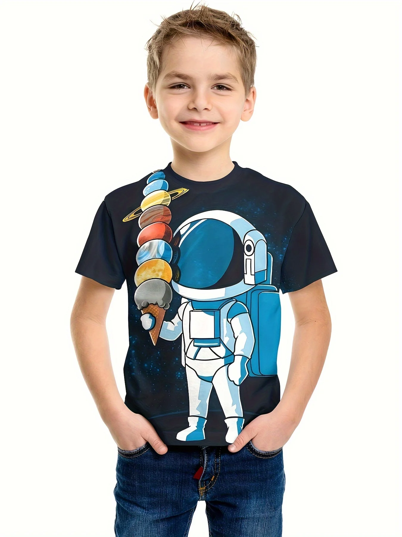 Children Clothing Korean Children\'s Clothes Astronauts Eating Planet Ice Cream 2024 Kids Spring Clothes Top Shirts Child T-shirt