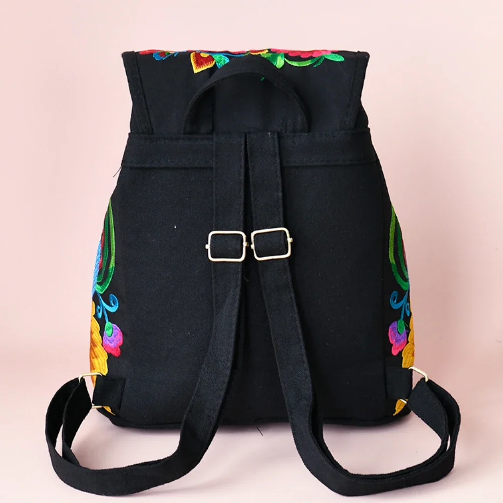 Flower Embroidery Pattern Women Backpack with Canvas Material and Drawstring Closure