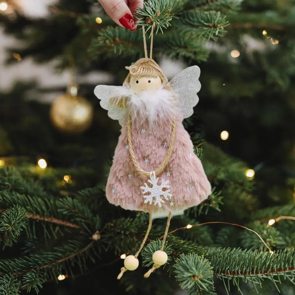 Christmas Tree Hanging Angel Doll Xmas Tree Plush Angel Pendant Furry Skirt Angel with Glitter Wings New Year Home Decoration