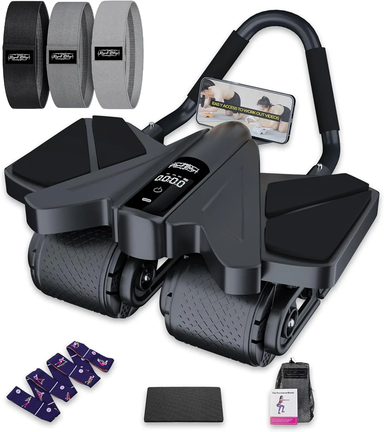 4-Rad Ab-Roller mit LCD-Bildschirm, Yoga-Gurt & Widerstandsbänder für Heimfitness