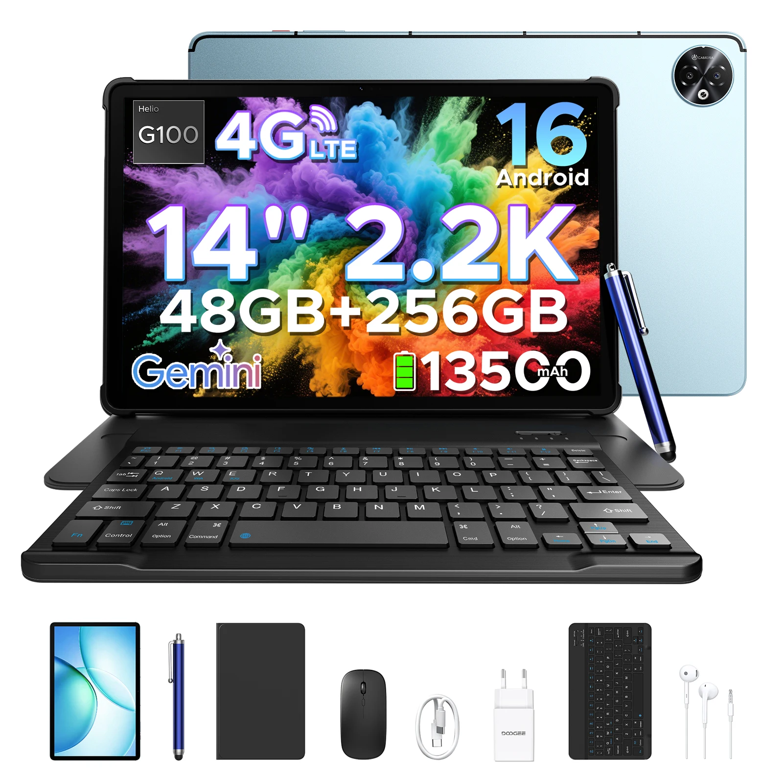 DOOGEE Tablet PC 2-in-1 Tab E3 Max Gmini AI 14 inch scherm 2.2K Batterij mAh Android 16 48GB (8 + 40) 256GB Helio G100 AI Tablet