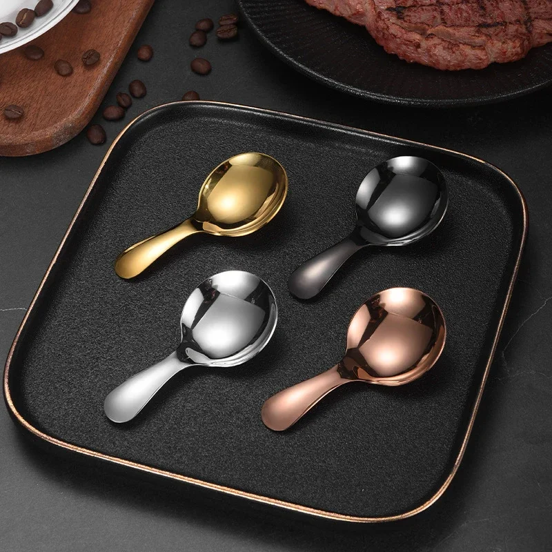 304 Stainless Steel Small Round Teaspoons with Short Handle Tableware for Children Thickened Dessert Tea Coffee Scoop Cute