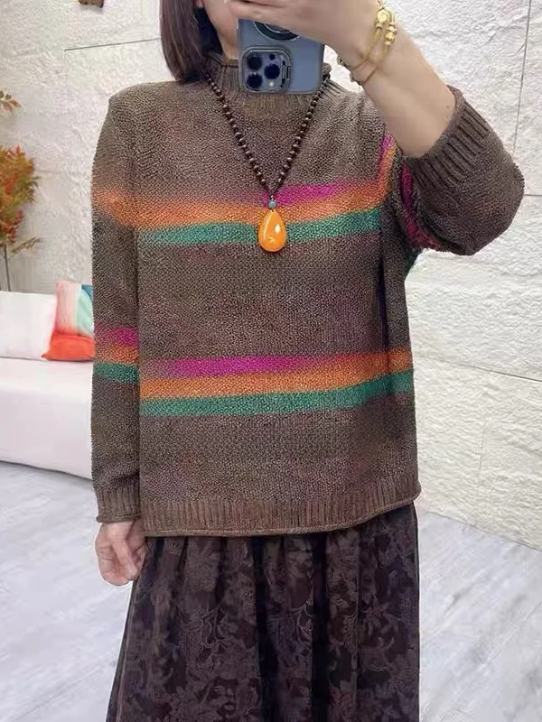 الرجعية قوس قزح المشارب f عالية Ne محبوك سترة نسائية فضفاضة عادية الخريف الشتاء الدافئة أعلى تريكو مريح #3