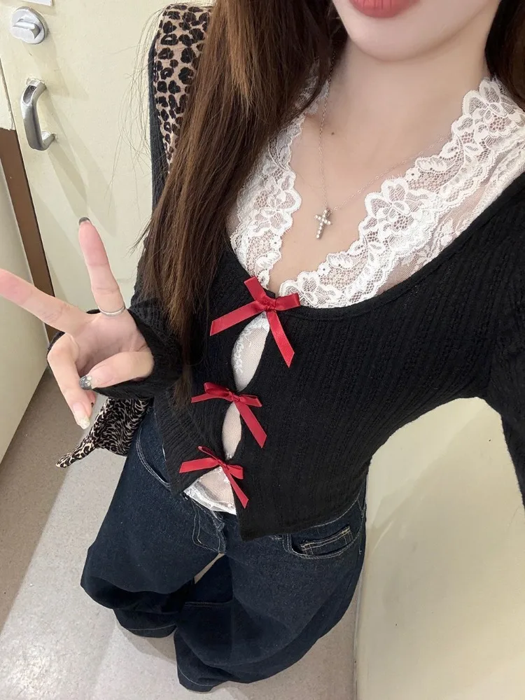 QWEEK Coquette Y2k Sexy Kawaii Cardigan Vintage Korean Kpop Fashion Cute Bow Long Sleeve Black Sweater 2024 Autumn New In