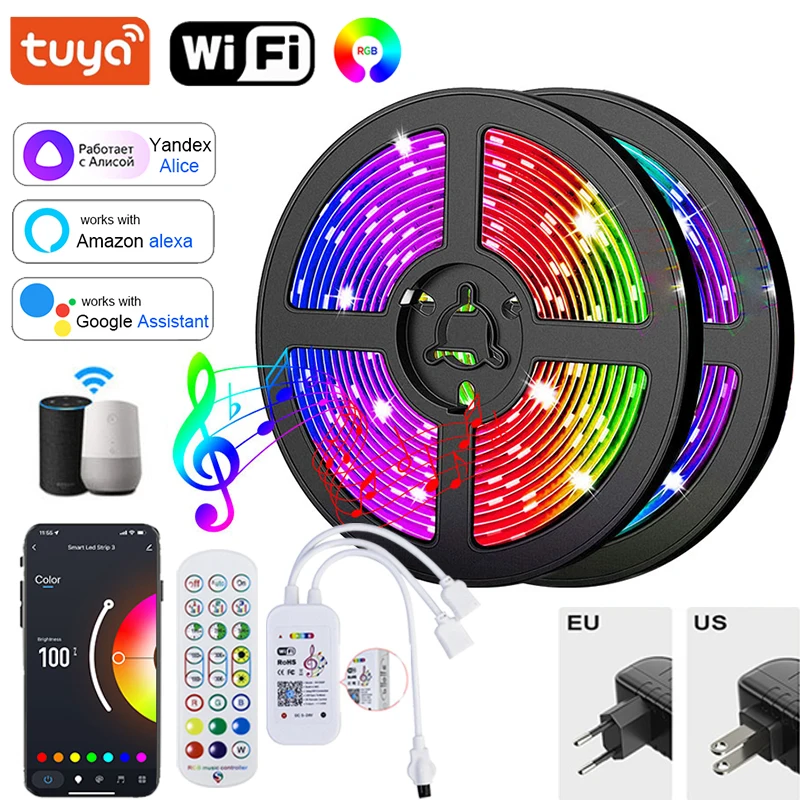 TUYA WIFI RGB LED Strip Lights For Room Decoration Alexa RGB LED Tape Lights Smart Music Sync Dimmable RGB Christmas Lights 5050