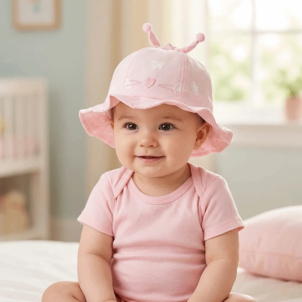 

Soft Heart Print Infant Bucket Hat Bow Wide Brim Baby Sun Hat Sunscreen Pleated Toddle Fisherman Hat Kid