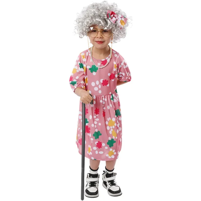 EE01 زي الفتاة السيدة العجوز الصغيرة طقم إكسسوار فستان المرأة العجوز للعب الأدوار أداء المدرسة HIo0!