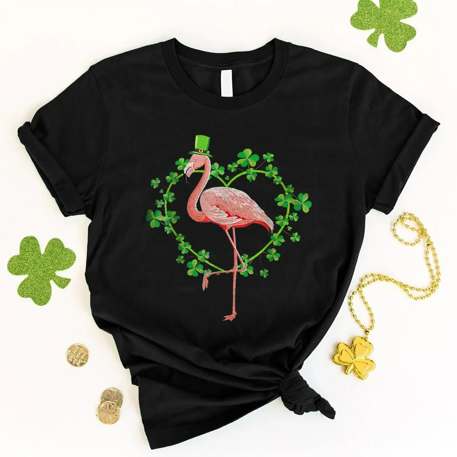 St Patrick's Day Irish Flamingo T Shirt Shamrock Clover Heart Lucky Pattys  vintage Washed graphic Top For Everyday Wear Unisex