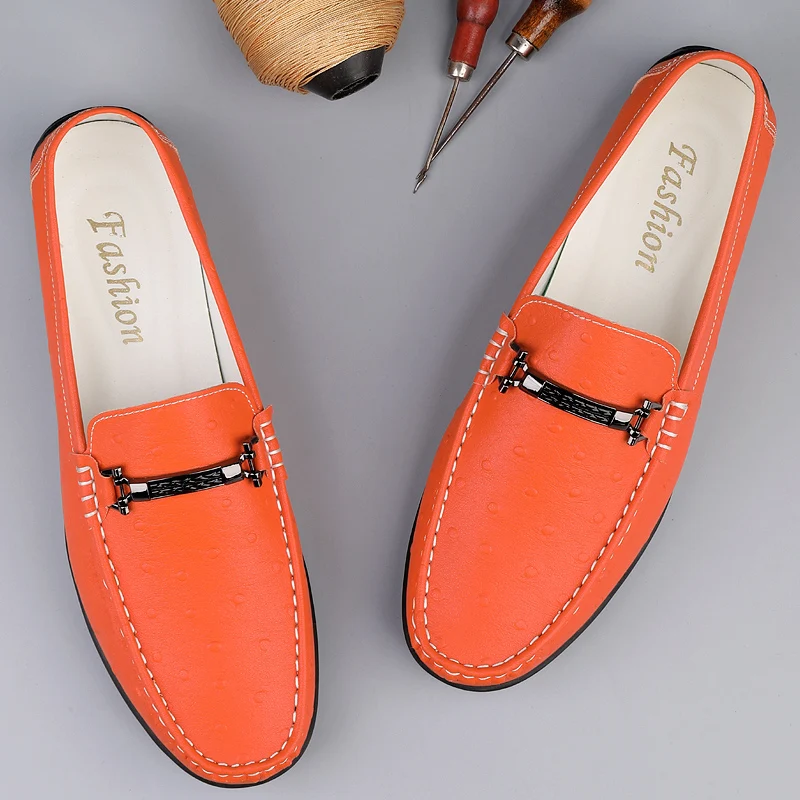 Men's Ostrich Embossed Loafers, PU Leather Slip On Driving Shoes with Metal Buckle, Orange/White/Black Casual Shoes