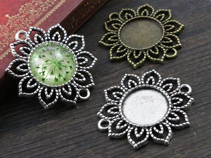 10pcs 18mm Inner Size Antique Bronze And Silver Plated Flower Connection Hollow Style Cabochon Base Cameo Setting Charms Pendant