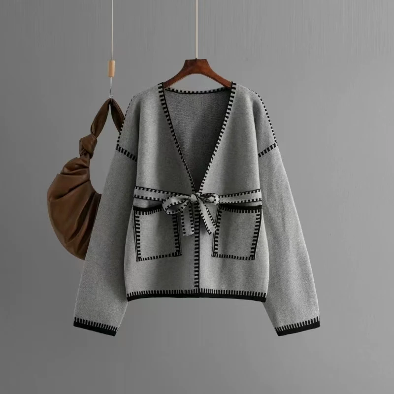 Lockerer, lässiger, gestrickter, offener Cardigan-Pullover mit Kette zum Binden, Herbst-Winter-Damen-Faion V Ne Long Sve Top
