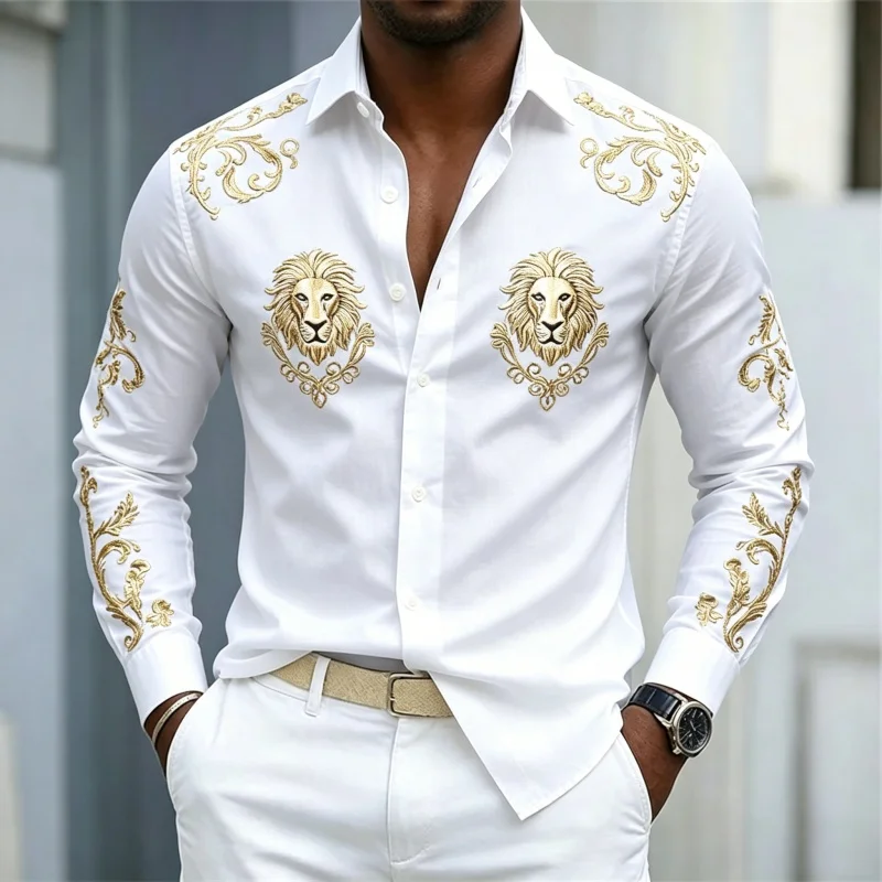 2026 new men's shirt Baroque animal print shirt men's slim fit long sleeved shirt trendy fashion business casual men's clothing