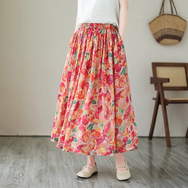 กระโปรงผ้าลินินพิมพ์ลายระบบป่าแบบเรโทรสำหรับผู้หญิง กระโปรงทรงเอเข้ารูปเอวสม็อคยืดหยุ่น ช่วยให้ดูผอมเพรียว เหมาะสำหรับฤดูร้อน ช่วยลดเลือนริ้วรอย