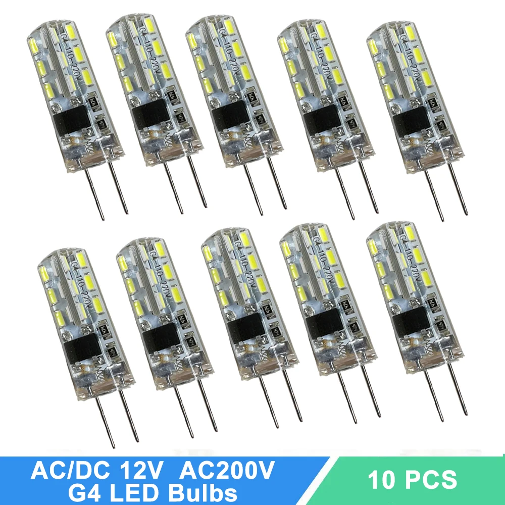 

10 шт., 2 Вт G4 светодиодные лампы AD/DC 12 В AC 360 в, Мини силиконовая лампа 3014SMD 2700 °, равномерное освещение 6000K-K для дома
