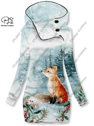 3D printing Christmas snowflake animal series cute fox pattern special collar women's long sweater dress casual and warm