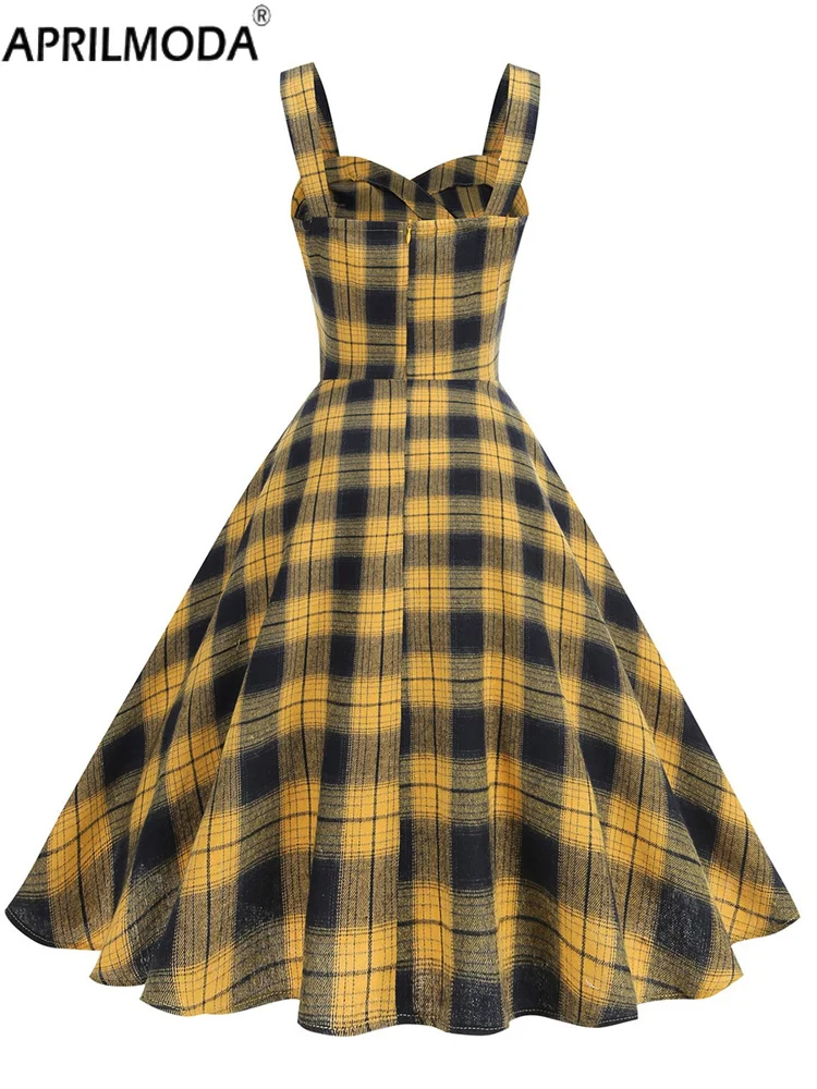 ชุดเดรสสั้นสไตล์ฝรั่งเศสสำหรับงานเต้นรำยามค่ำคืน  สำหรับสุภาพสตรี สไตล์วินเทจยุค 50 ลายสก็อต คอวี ทรงเอไลน์ กระโปรงบานใหญ่ สายเดี่ยว