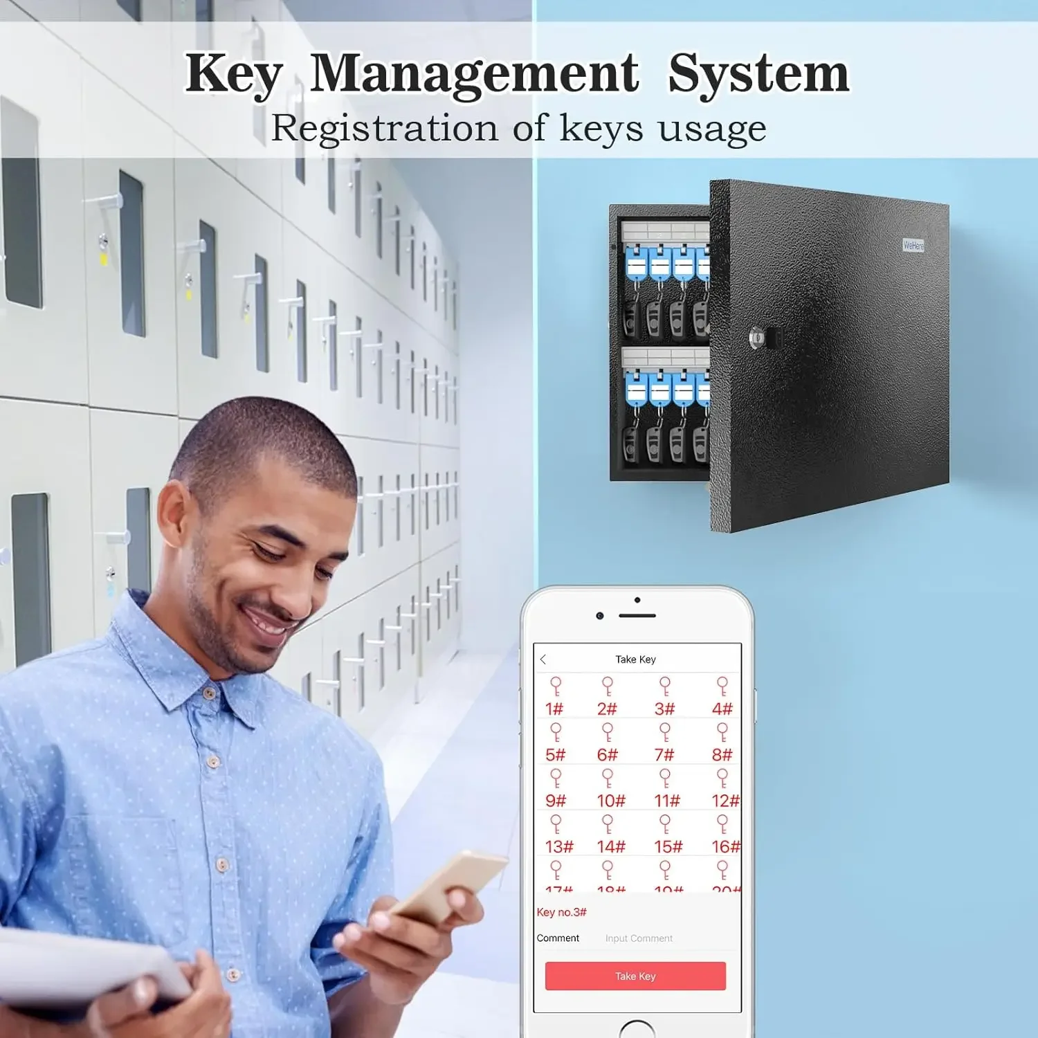 WeHere 48 Key Safe Box,Key Unlock, Key Cabinet Wall Mount with Key Tag Label,Car and House Key Lock Box,App Key Directory ERP