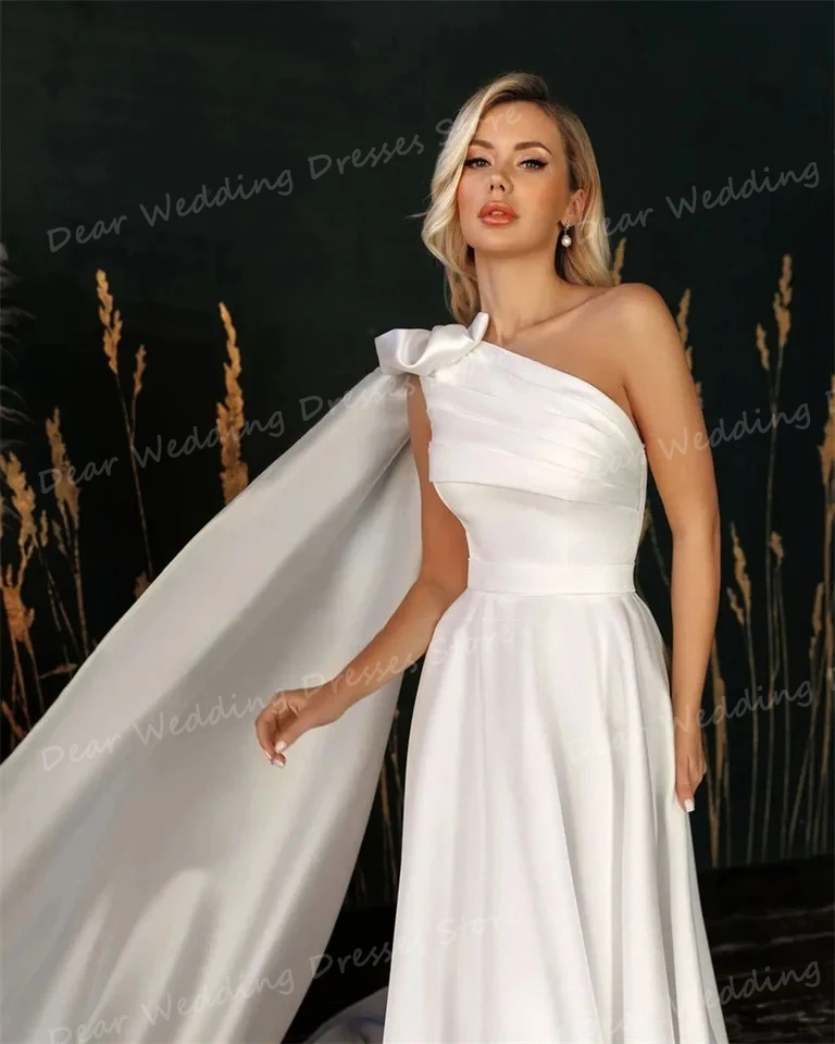 Simple Shawl Sexy Satin Wedding Dresses Formal Women's Backless One Shoulder Sweep Train For Bridal Gowns Elegant Robe De Soirée