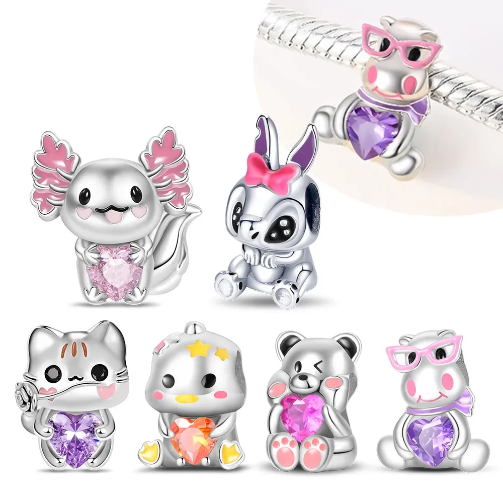 

925 Silver Cute Carton Pink Cat Duck Charms Beads Fit Original Pandora Bracelets DIY Charm Bead for Women Fine Jewelry