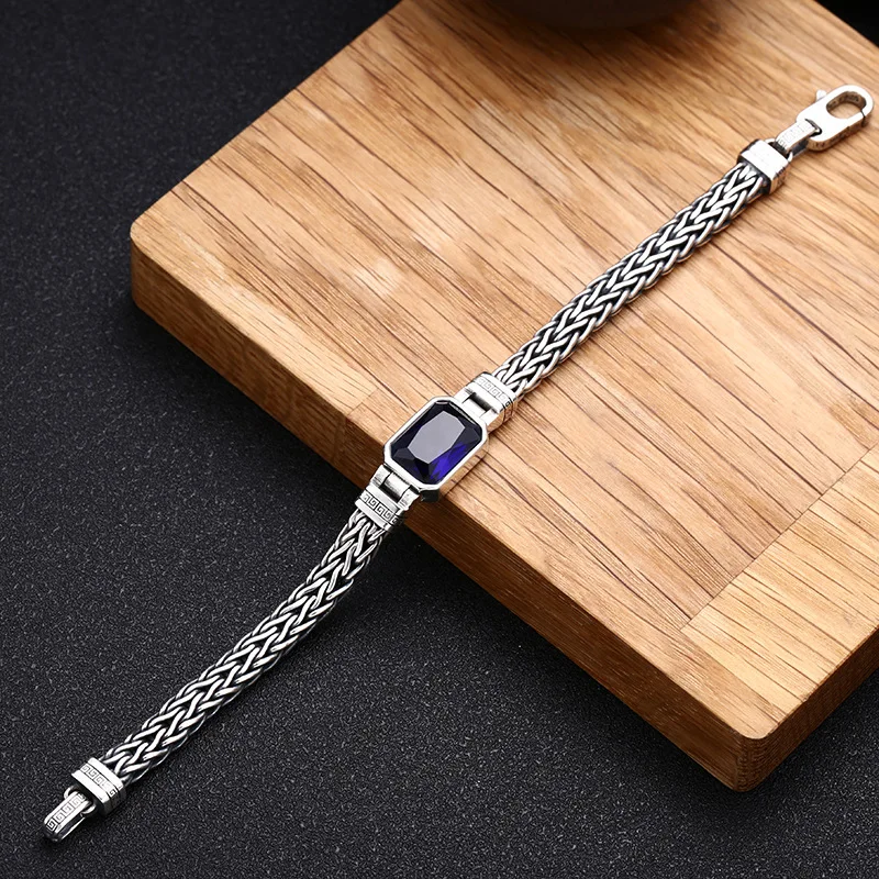 Factory Price S925 Sterling Silver Men Women Weave Bracelet Blue Stone Personalized Versatile Fashion Jewelry  Creativity Gift
