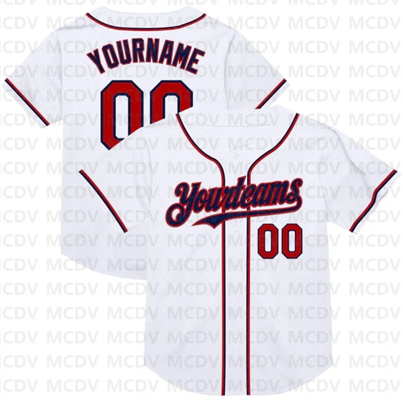 Custom White Red-Navy Throwback Baseball Jersey 3D Printed Casual Team Shirts Unisex Tops