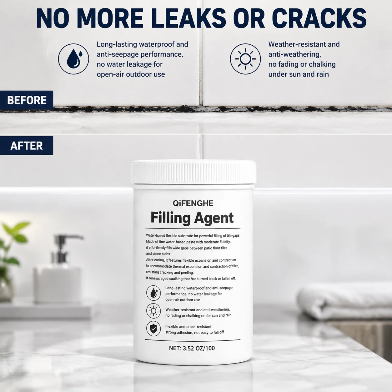 Water-Based Tile Gap Filling Paste Smooth Renew Old Grout Weather Resistant Prevent Seepage For Indoor Outdoor Tiles