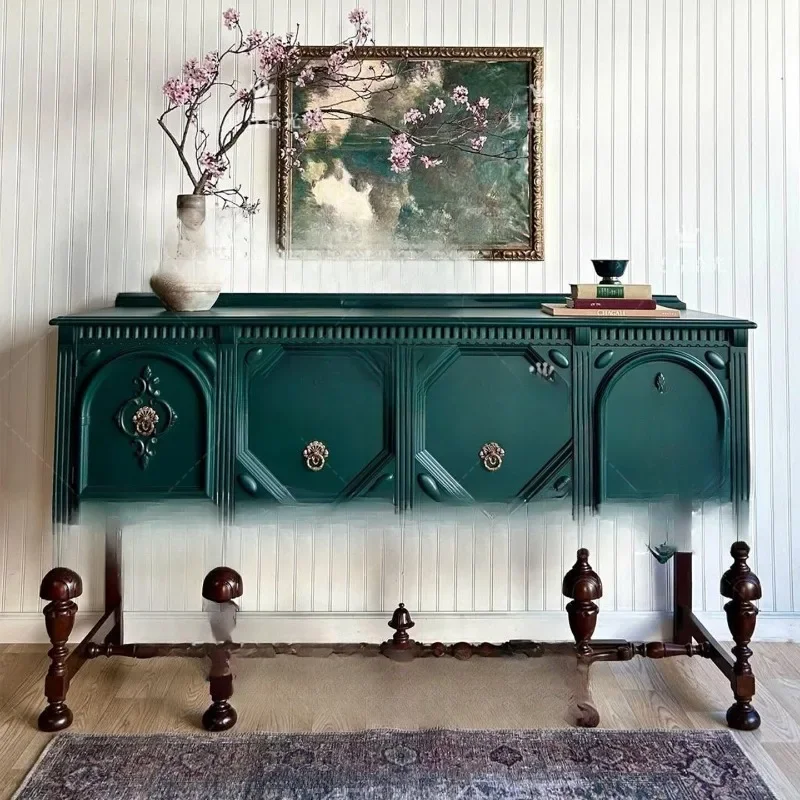 French retro solid wood carving flower porch cabinet living room decorative cabinet household wall locker dark green