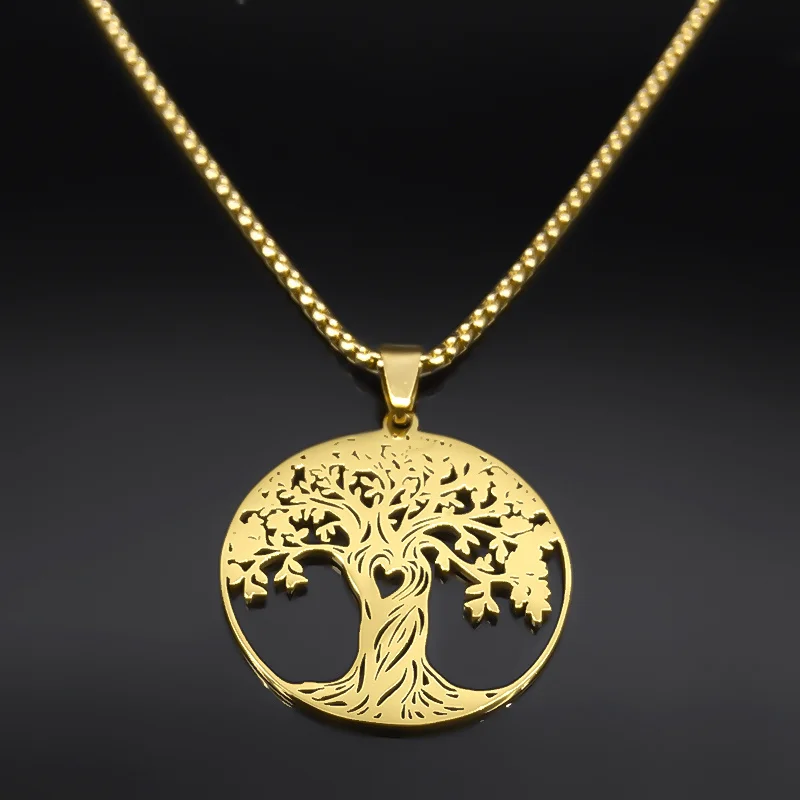 Collar de corazón de amor de árbol de la vida estético para mujeres y hombres, acero inoxidable, Color dorado, amuleto de la suerte, cadena, collar