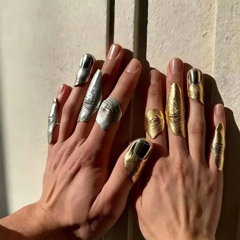 Fashion Artistic Irregular Texture Full Finger Rings for Men Women Punk Hip Hop Gold Silver Color Metal Knuckle Jewelry Gifts