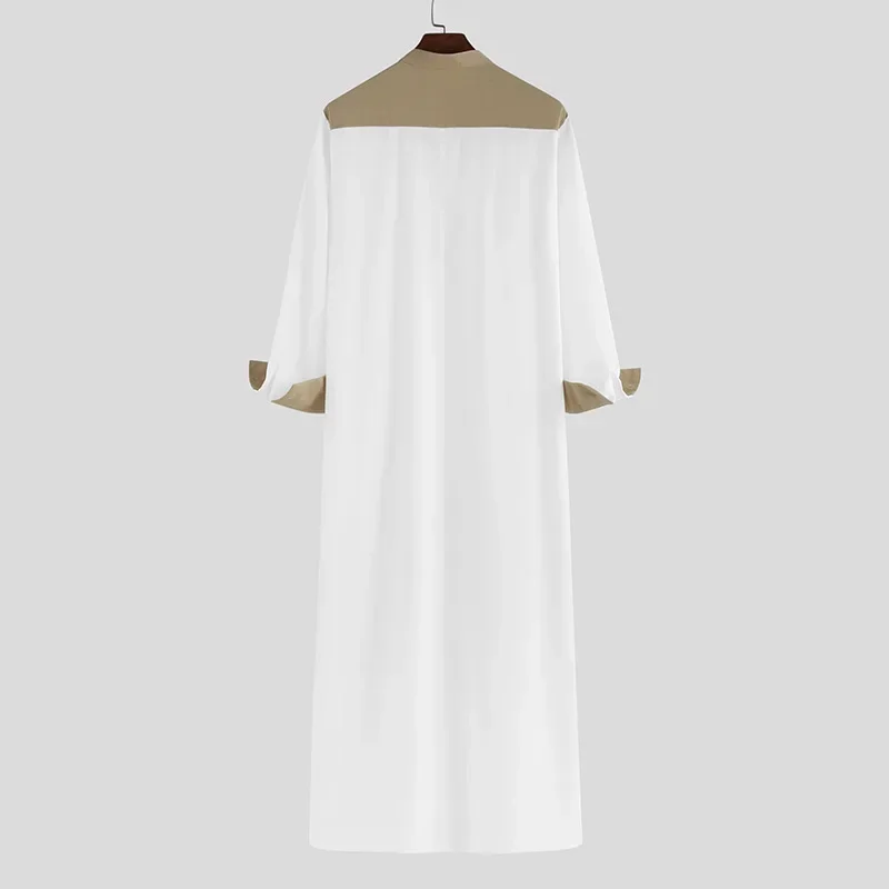 ثوب إسلامي مريح للرجال قفطان بأكمام طويلة بألوان متباينة ملابس إسلامية برقبة مندرين رداء إسلامي للشرق الأوسط #5