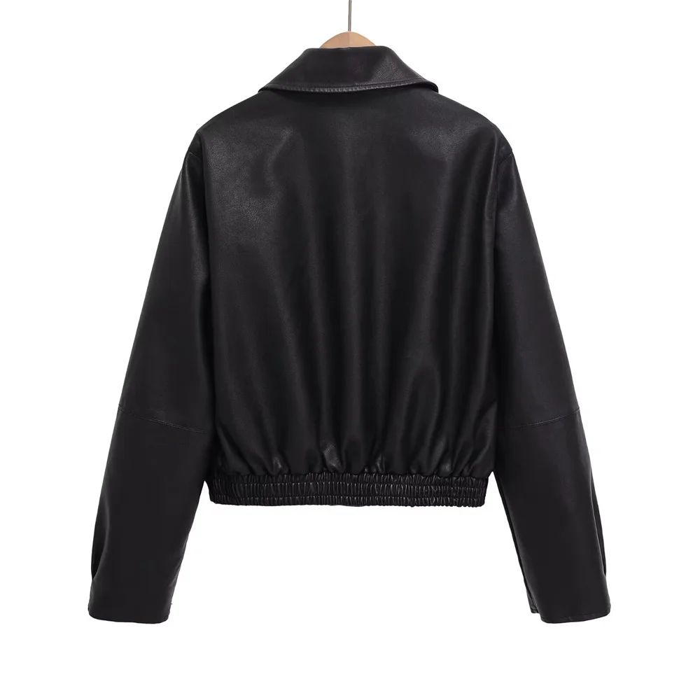 Autumn New Product: Women's Casual Flip Collar, Long Sleeves with Snap Buckle, Pocket Imitation Leather Jacket, Jacket