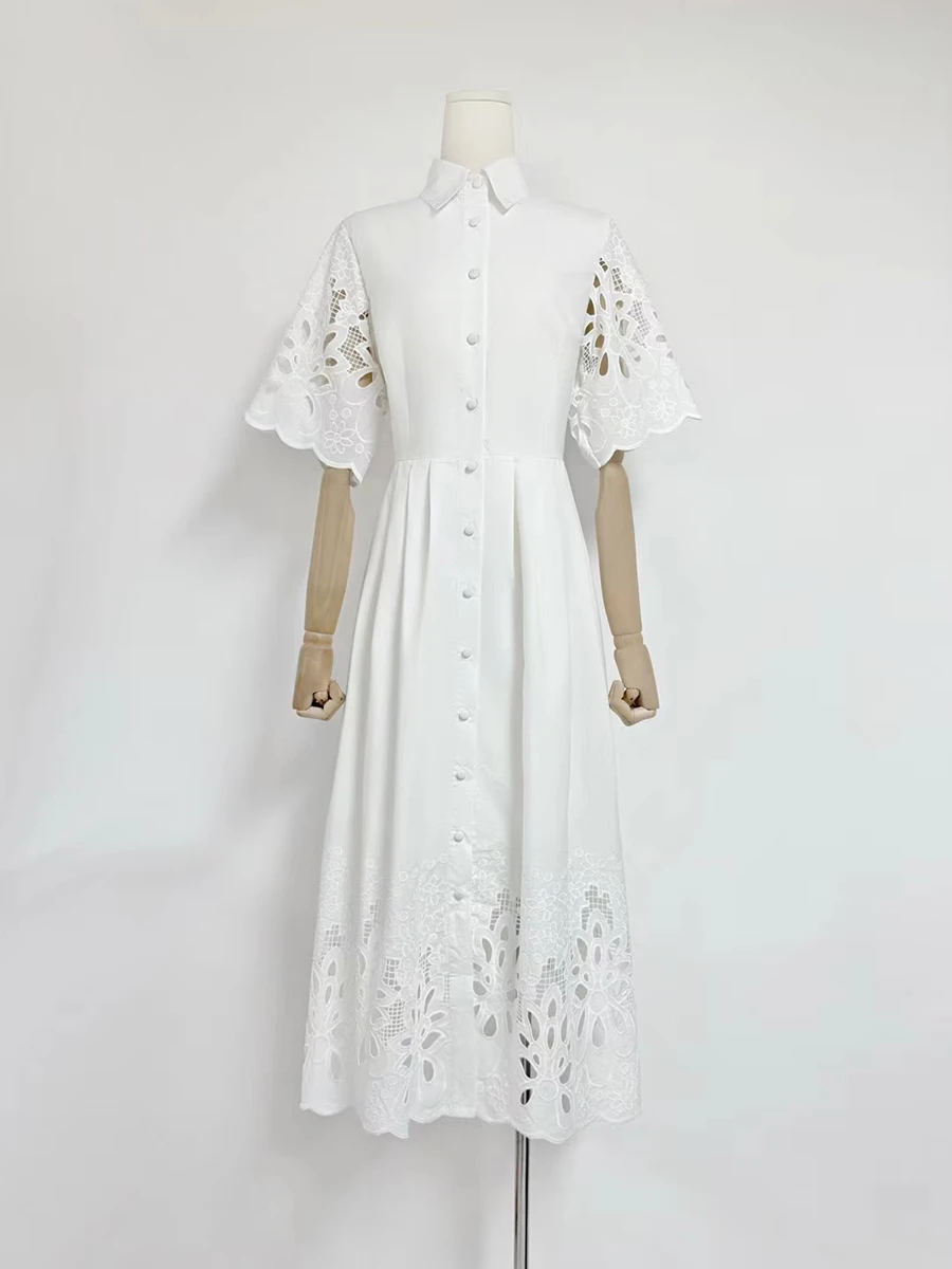 VGH Plus Size Spliced Buttons Shirt Dress for Women Lapel Short Sleeve High Waist Patchwork Hollow Out Elegant Dresses Female