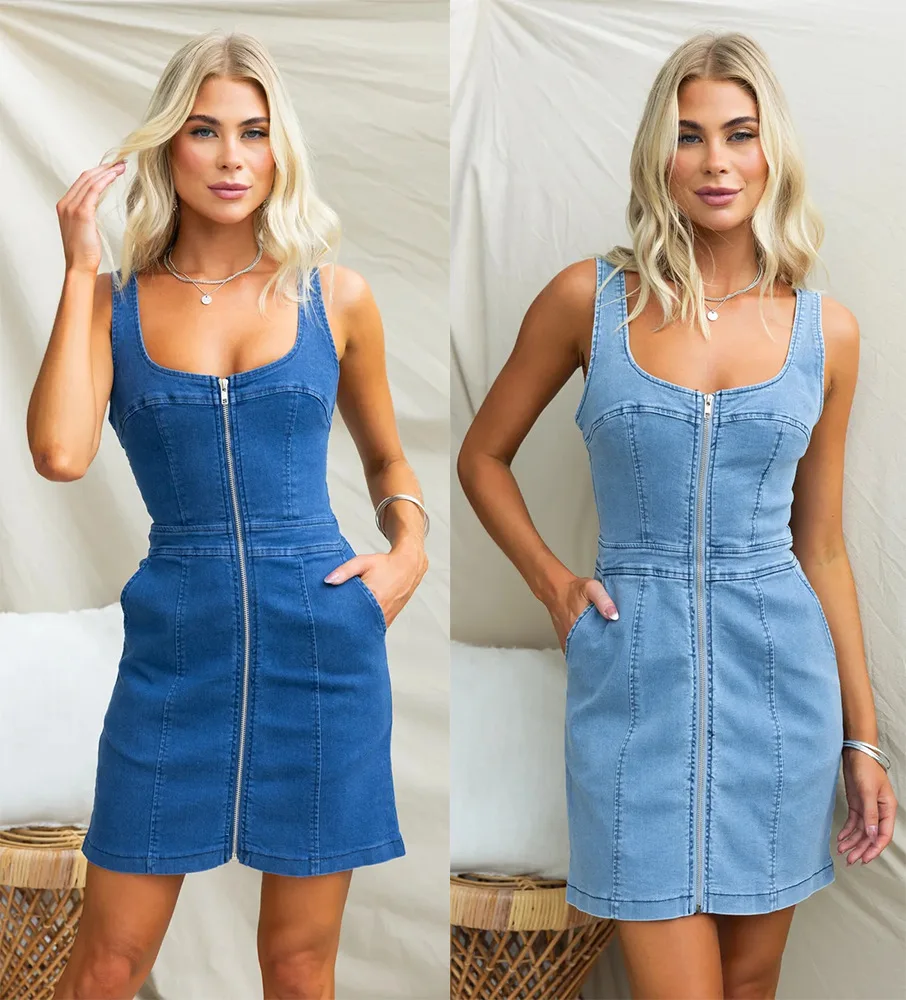

2025 Denim Sleeveless Dress with Zipper-Women's Slim Fit Casual Vest A-Line Jumpsuit Bohemian Streetwear Office/Party Wear