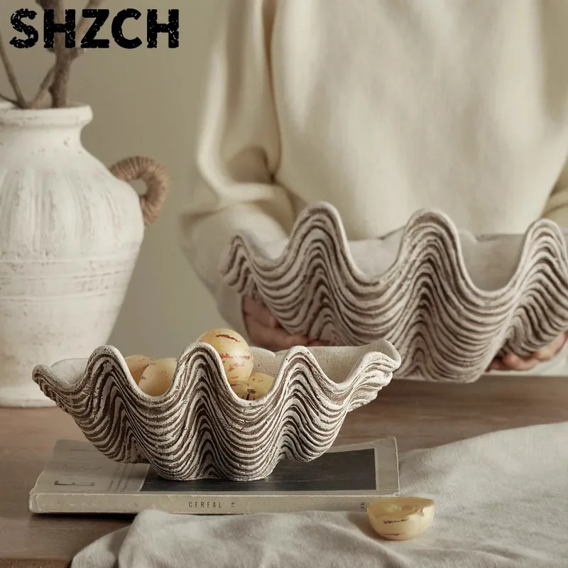 Wabi Sabi Seashell Art Fruit Bowl Mid-Century Modern Decorative Tray Unique Desktop Centerpiece for Living Room Display Dish