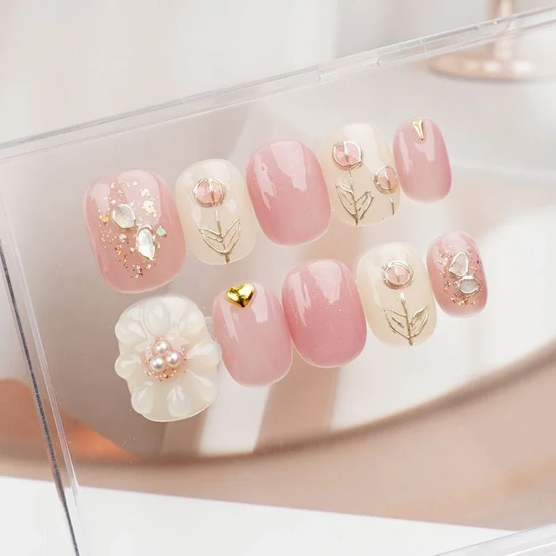 

10 шт., синие, розовые, ручной работы, накладные ногти с цветком, короткие накладные ногти балерины, многоразовые маникюрные художественные кончики для пальцев с полным покрытием