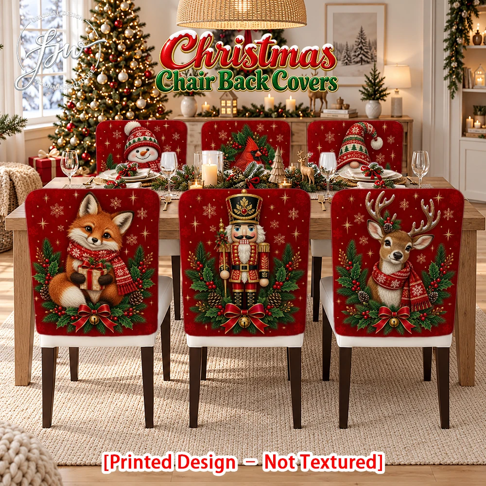 2/4/6pc Christmas Chair Back Covers Festive Holiday Dining Chair Slipcovers with Snowman Reindeer Nutcracker Designs