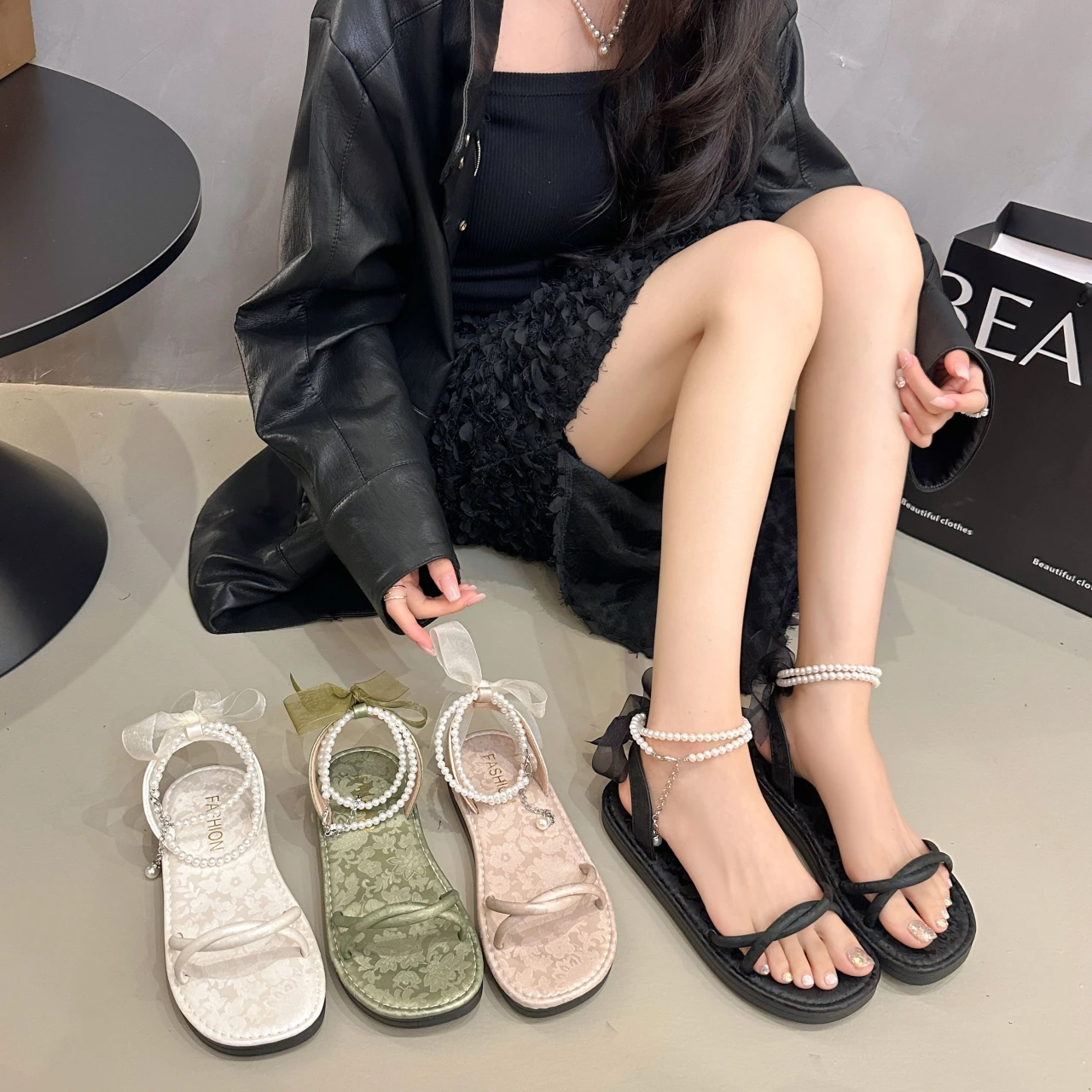 Summer Women Pearl Beaded Ankle Strap Flat Sandals Toe Loop Ribbon Bow Non Slip Soft Sole Beach Vacation Casual Dress Shoes view 6