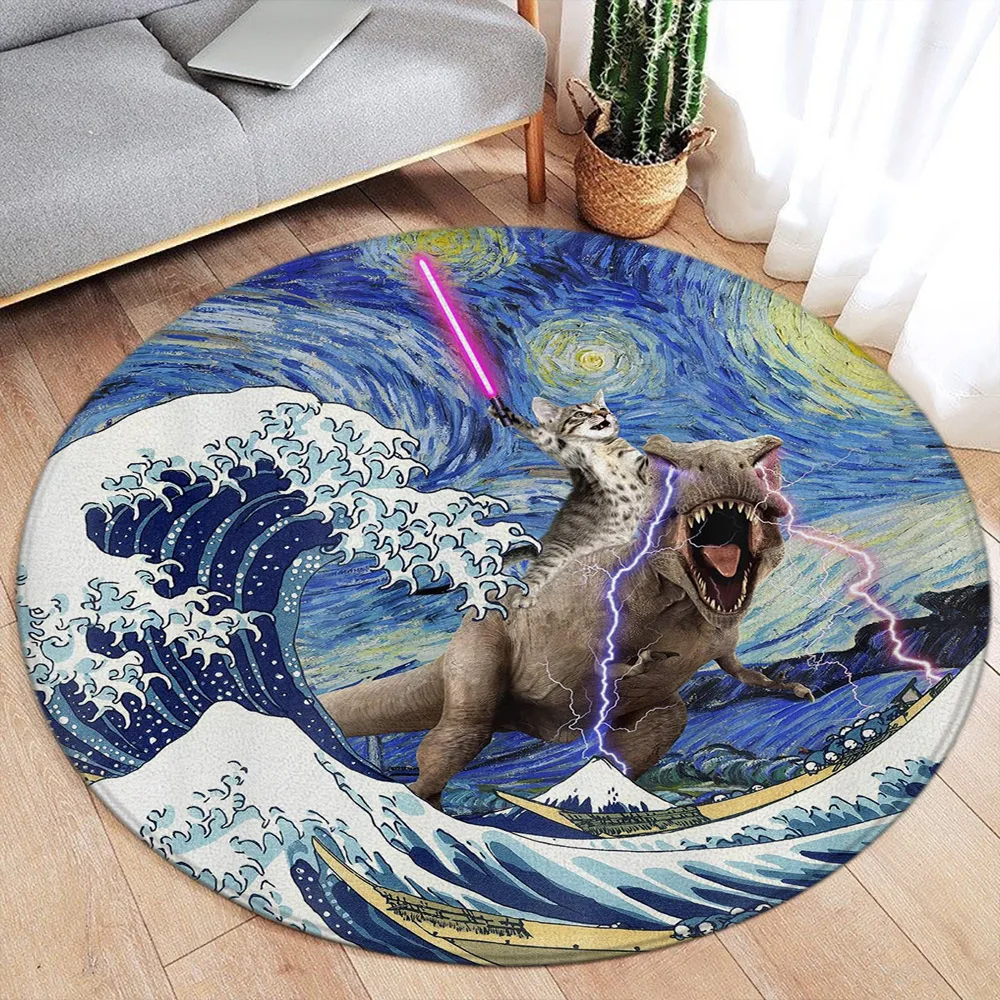 Funny Cat Riding Dinosaur Round Carpet Sea Waves Stars Cartoon Animals Modern Home Living Room Decor Children Bedroom Floor Rugs