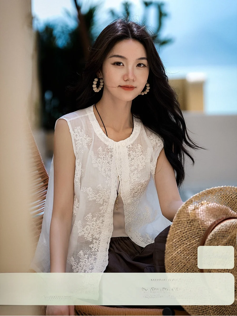 

XiaoHanGe QingFeng White Tea Heavy Embroidery Artistic Style Women's Shirt Vest Floral Pattern Breathable Linen Spring Summer