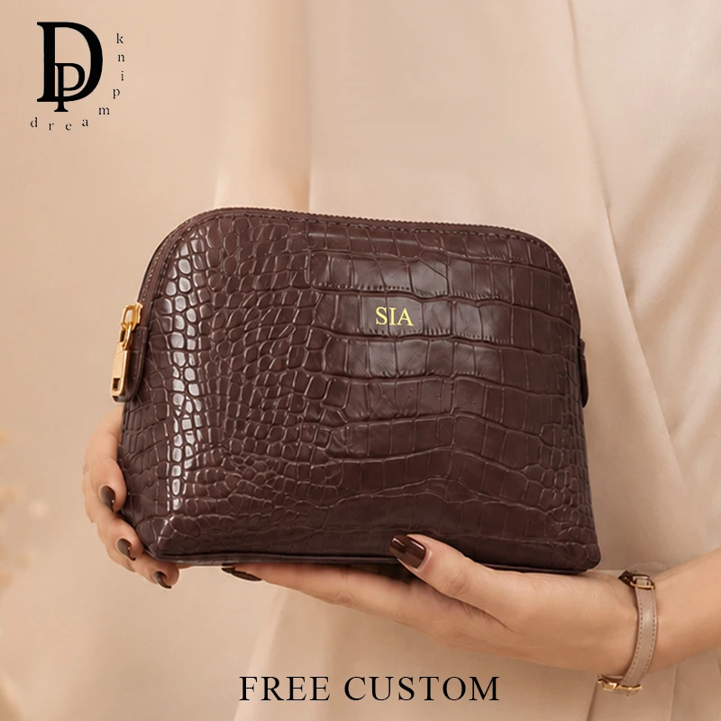 Luxuriöse Kosmetiktasche mit Krokodilledermuster, Reißverschluss, personalisierbarer Name, Vintage-Muschel-Design, Reise-Make-up-Tasche, DIY-Geschenkbeutel im Großhandel