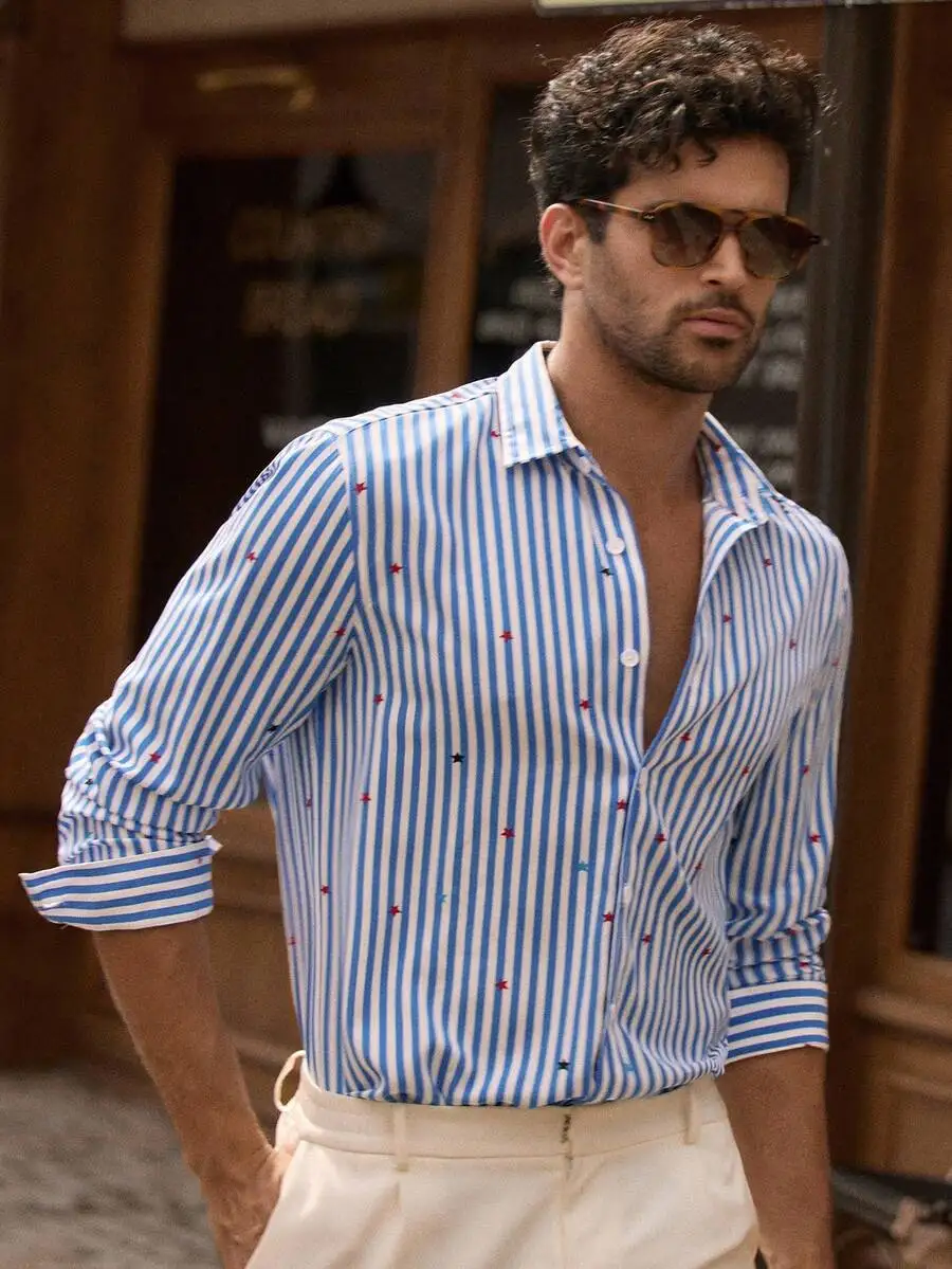 

Men's Blue and White Striped Woven Shirt with Star Print Casual Long Sleeve