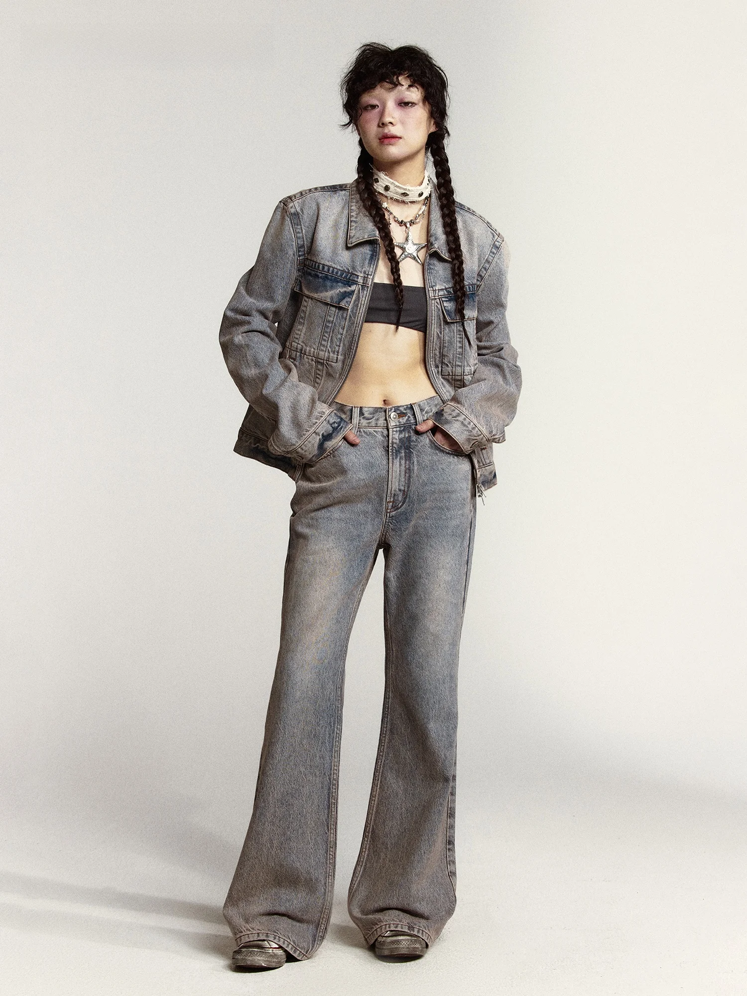 

VERMO Retro Smoke Pink Denim Jacket Modified Shoulder Shape Small Version Cotton And Lenzing Fiber Straight Cut Original Design