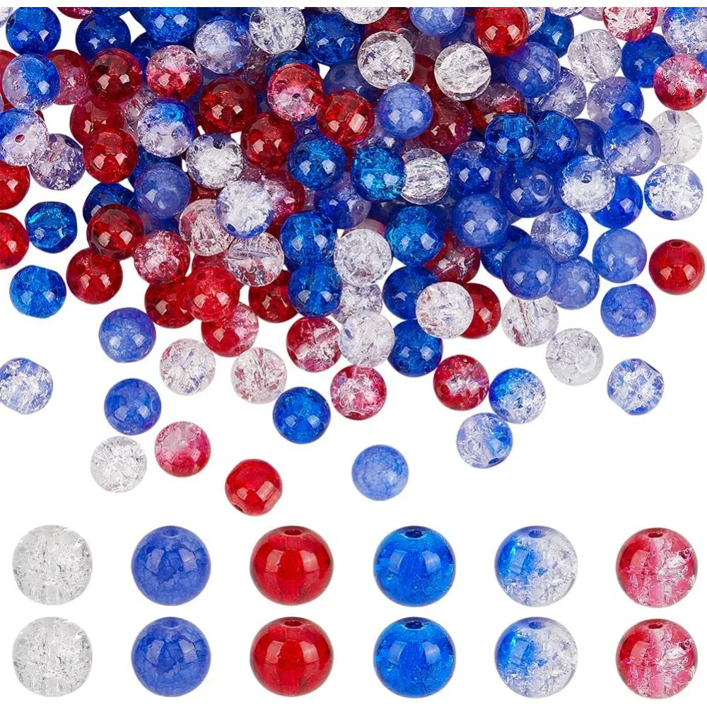 240pcs Red White Blue Glass Beads 6 Colors Patriotic Beads 8mm Round Glass Beads Crackle Loose for Beaded Baseball making kit