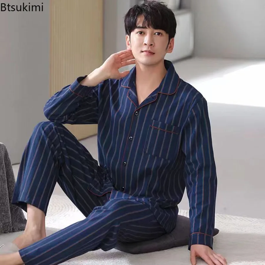 Spring and Autumn Men's Pajamas Sets Simple Casual Lapel Home Wear Set for Men Long Sleeved and Long Pants Male Homewear Suit