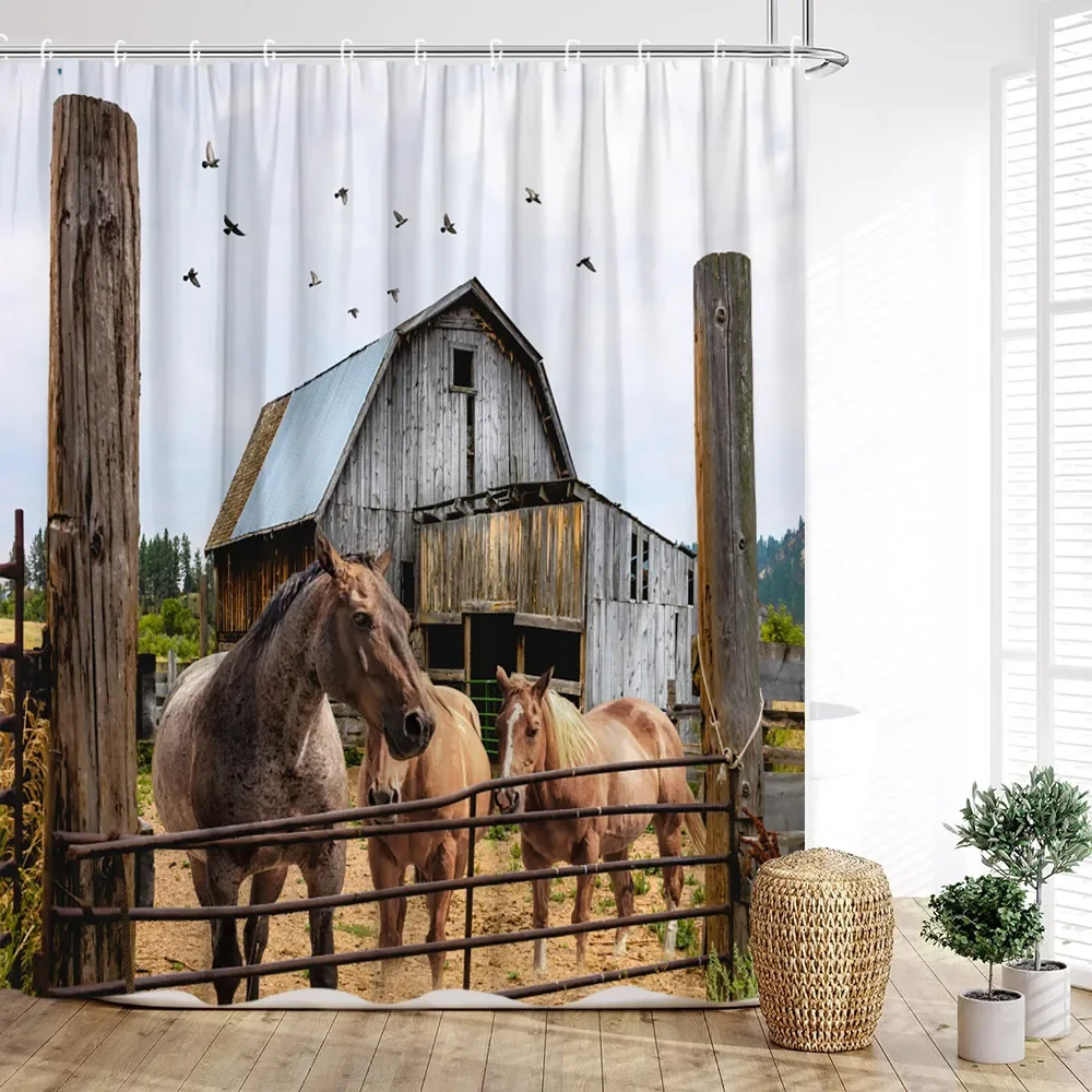 Farm Highland Cow Shower Curtain, Barn Rustic Plank Donkey Horse Sunflower Floral Windmill Print Home Bathroom Decor with Hooks