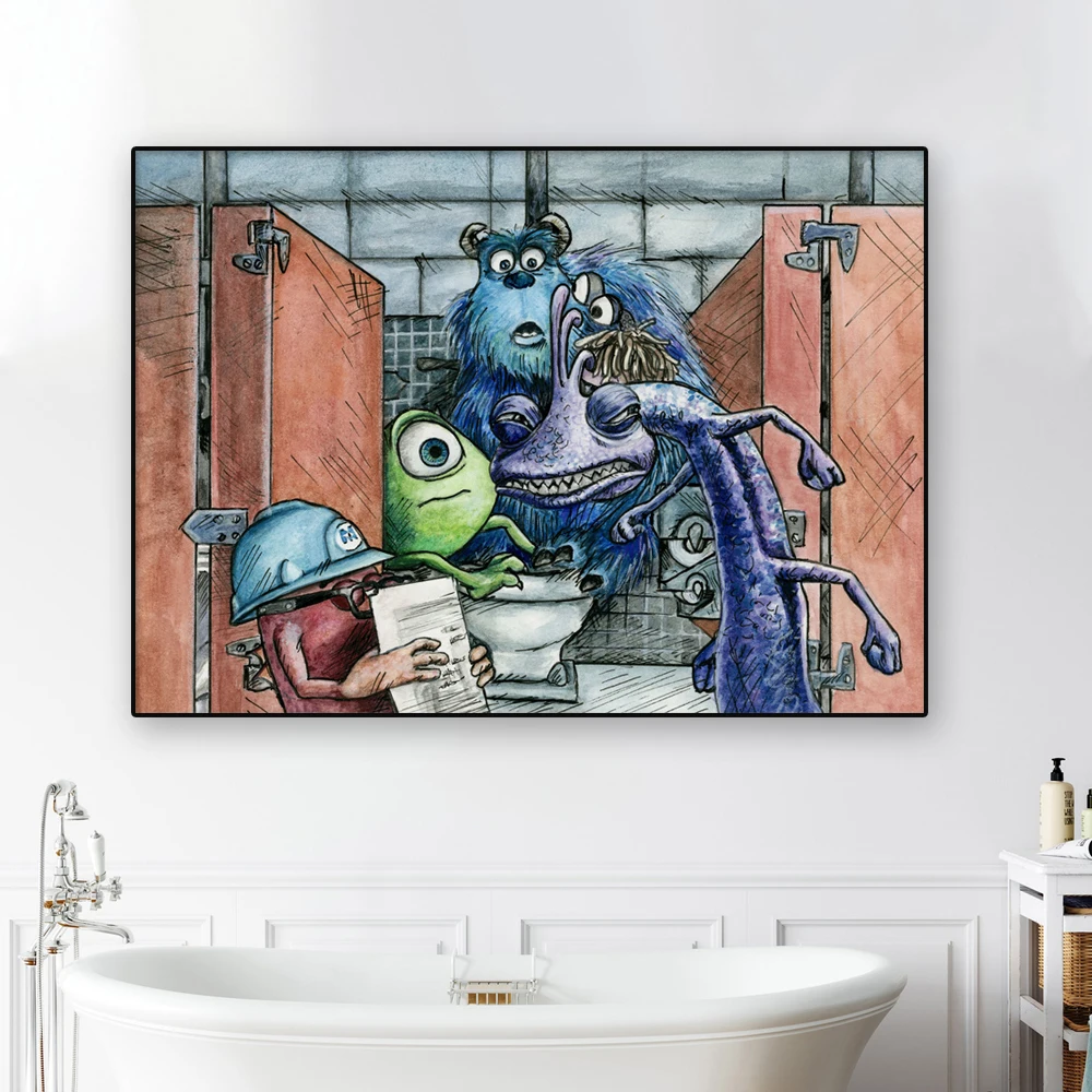 

Disney Cute Cartoon Movie Poster Monsters Inc Bathroom Scene Pictures Prints Funny Art Canvas Painting Bathroom Toilet Decor