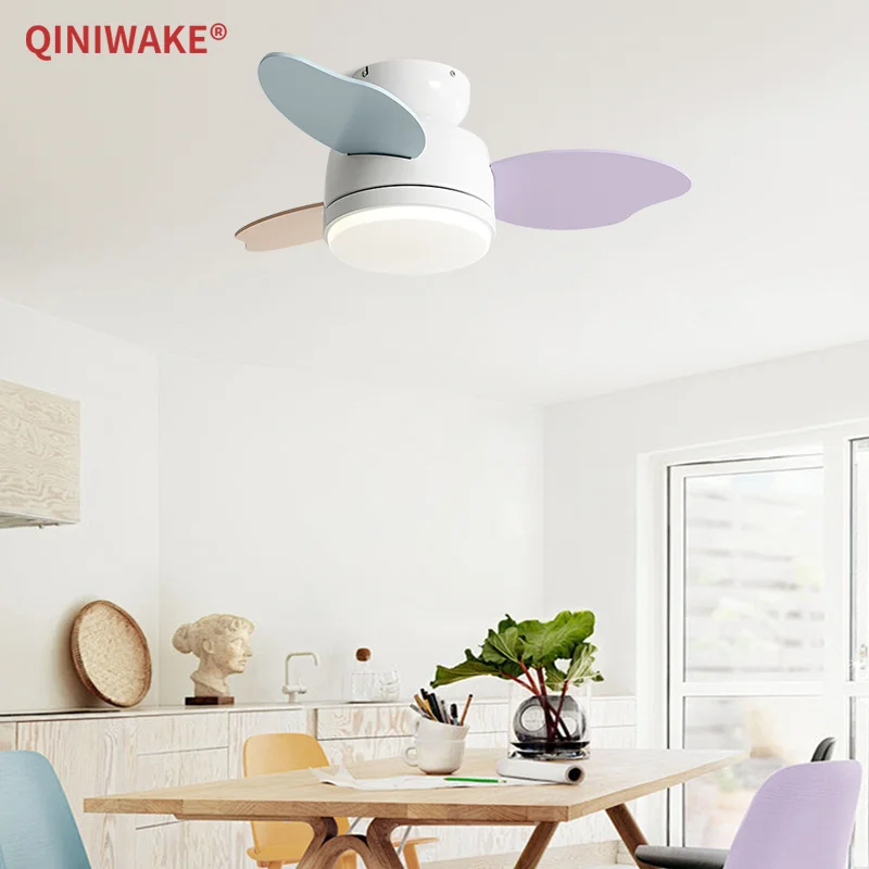 QINIWAKE 32/38 Inch Ceiling Fan with Light 3 ABS Blades 3-Color LED Light Reversible Quiet DC Motor for Living Room Bedroom