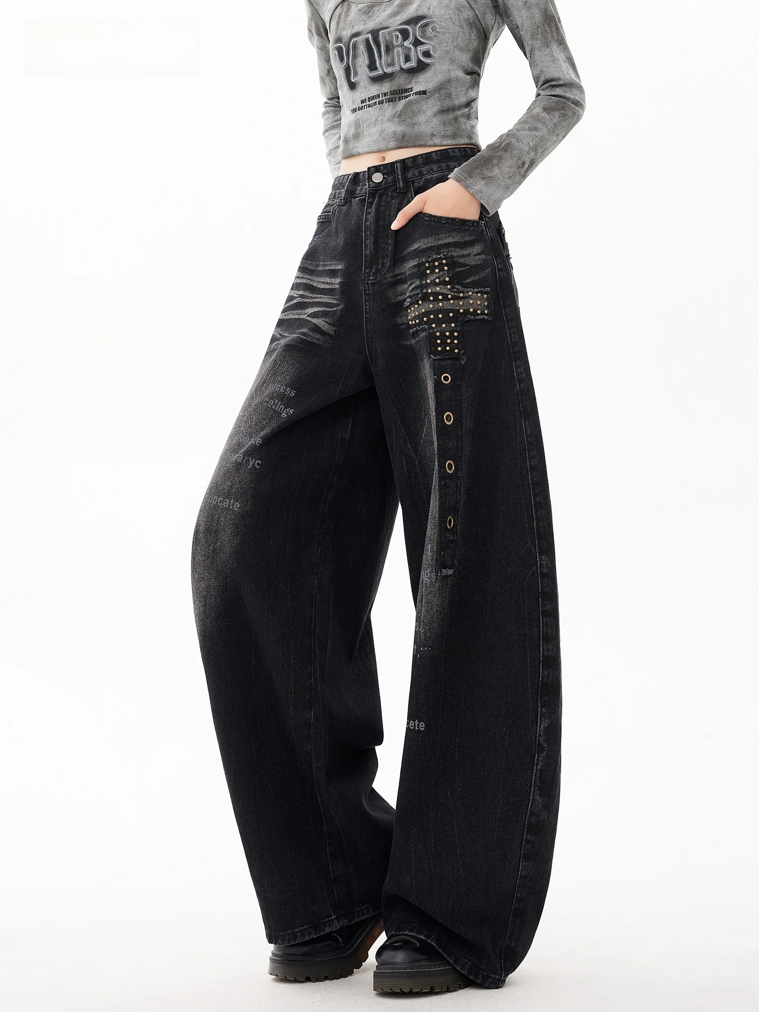 

EDX Street Sle American Knife Denim Jeans Women's Rivet Heavy Design Letter Print Slimming Bla Wide Leg Pants