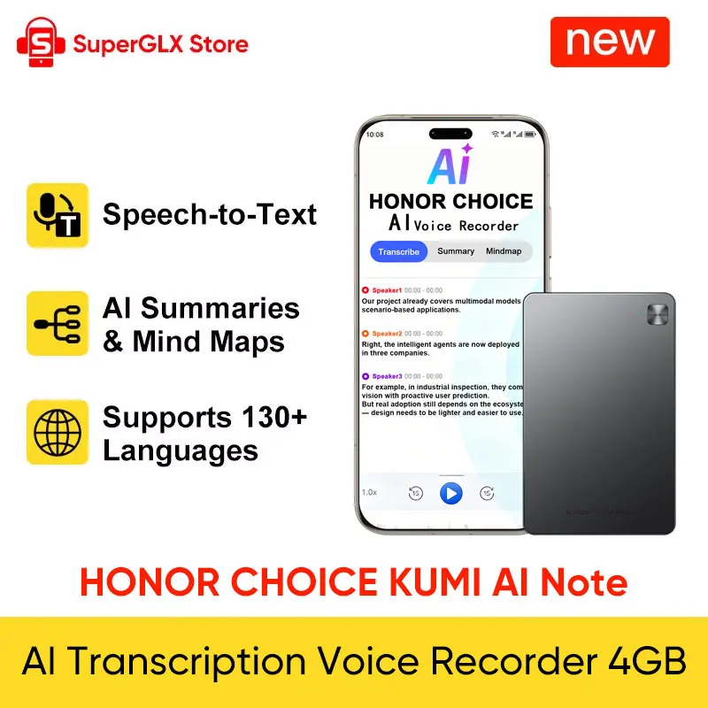 HONOR CHOICE KUMI AI Note 4 ГБ, ультратонкий диктофон с AI-переводом и транскрипцией, Bluetooth 5.3, двухдиапазонный Wi-Fi, портативный, с поддержкой карт памяти